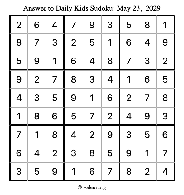 Answer to kids sudoku May 23, 2029