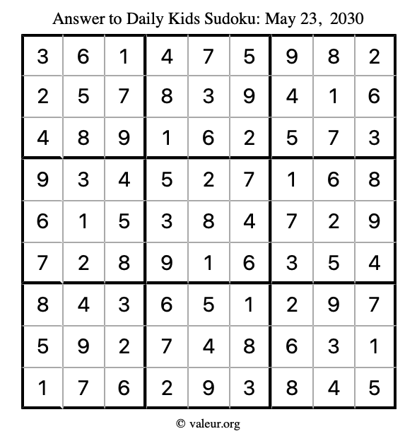 Answer to kids sudoku May 23, 2030