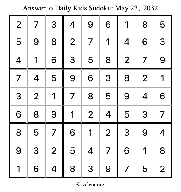 Answer to kids sudoku May 23, 2032