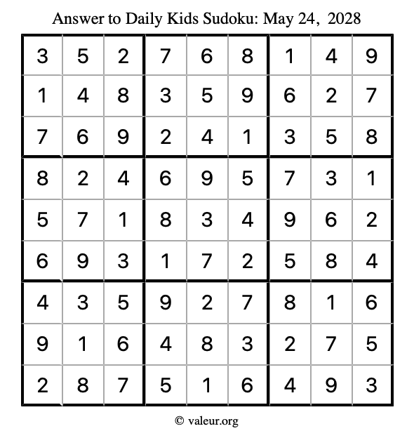 Answer to kids sudoku May 24, 2028
