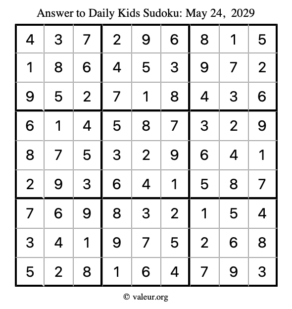 Answer to kids sudoku May 24, 2029