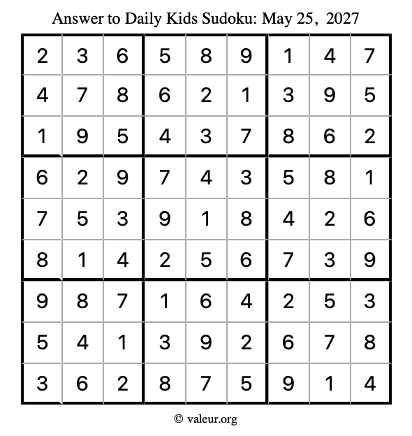 Answer to kids sudoku May 25, 2027