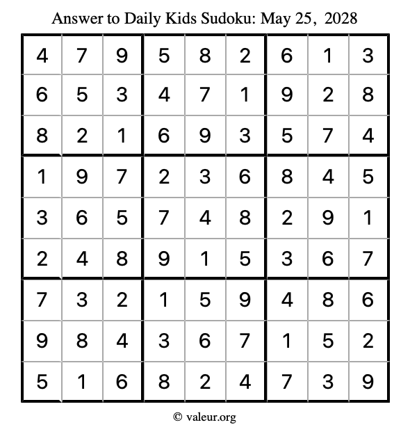 Answer to kids sudoku May 25, 2028