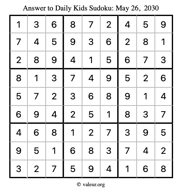 Answer to kids sudoku May 26, 2030