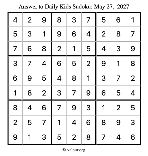 Answer to kids sudoku May 27, 2027