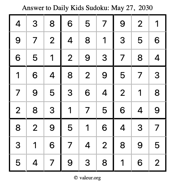 Answer to kids sudoku May 27, 2030