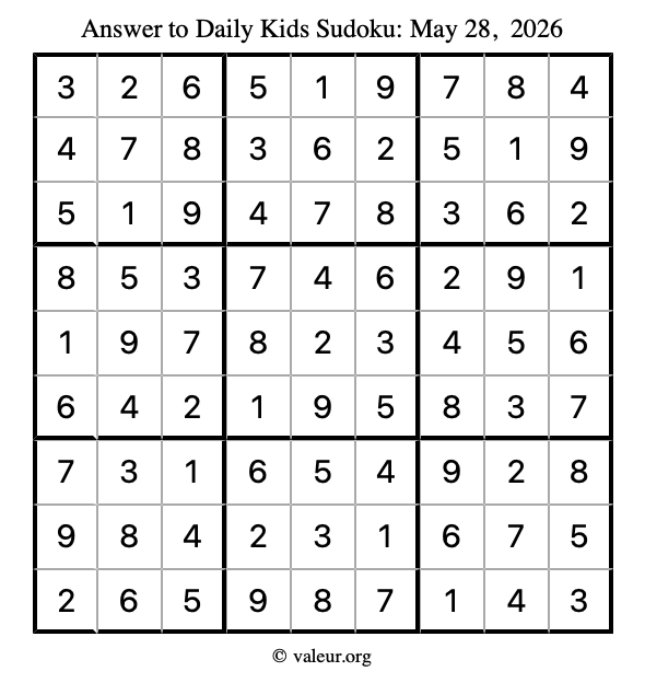 Answer to kids sudoku May 28, 2026
