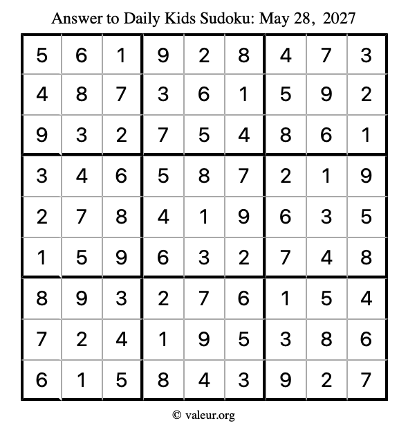 Answer to kids sudoku May 28, 2027