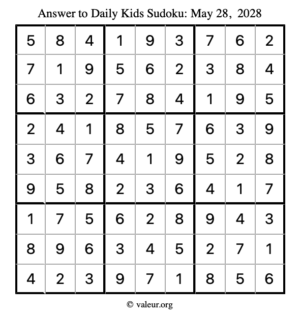 Answer to kids sudoku May 28, 2028