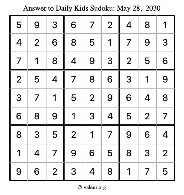 Answer to kids sudoku May 28, 2030