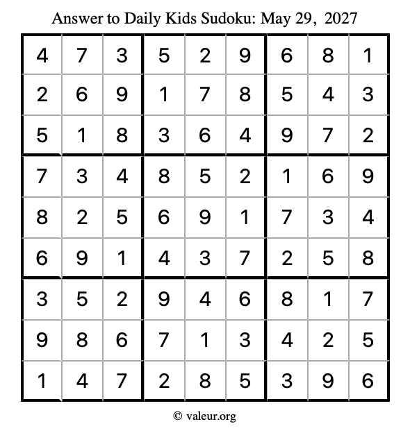 Answer to kids sudoku May 29, 2027