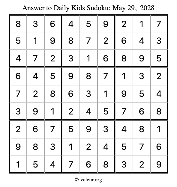 Answer to kids sudoku May 29, 2028