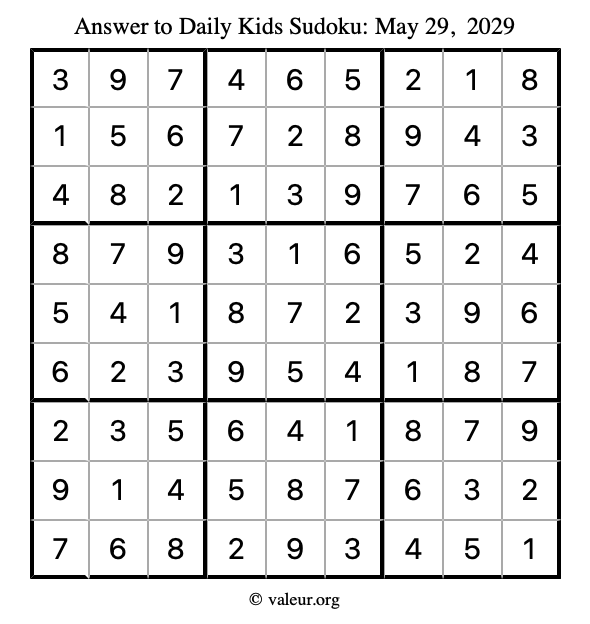 Answer to kids sudoku May 29, 2029