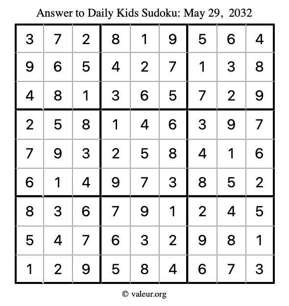 Answer to kids sudoku May 29, 2032