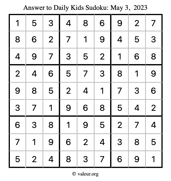 Answer to kids sudoku May 3, 2023