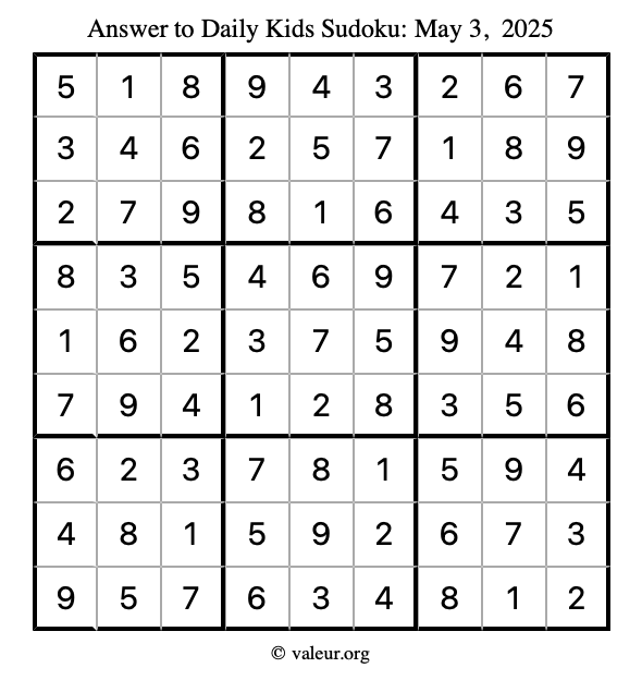 Answer to kids sudoku May 3, 2025