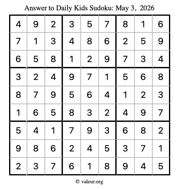 Answer to kids sudoku May 3, 2026