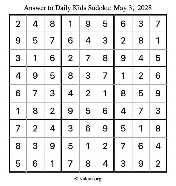 Answer to kids sudoku May 3, 2028