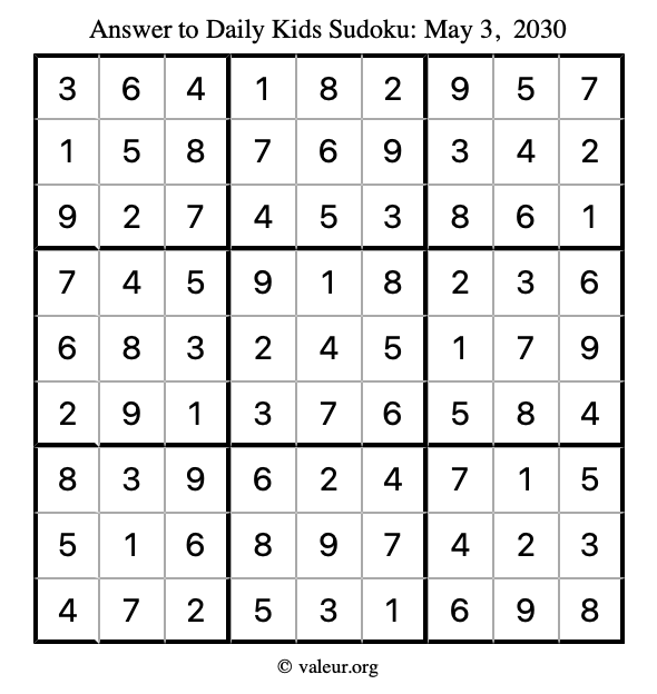 Answer to kids sudoku May 3, 2030