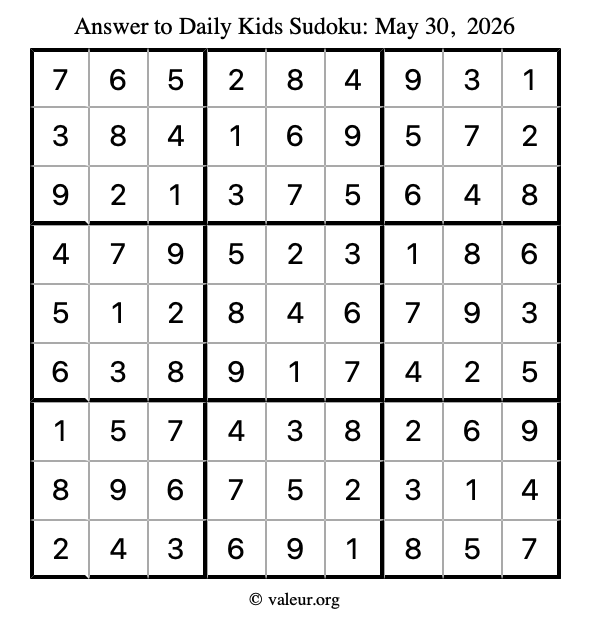 Answer to kids sudoku May 30, 2026