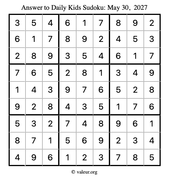 Answer to kids sudoku May 30, 2027