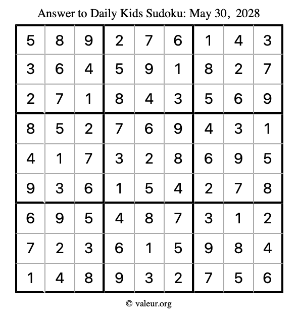 Answer to kids sudoku May 30, 2028
