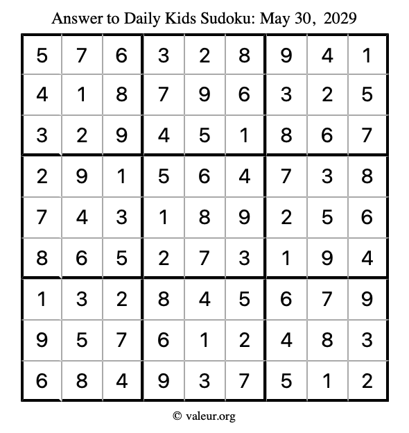 Answer to kids sudoku May 30, 2029