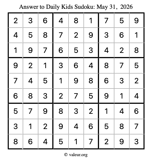 Answer to kids sudoku May 31, 2026