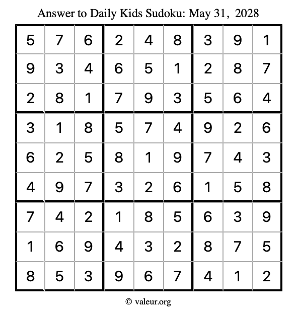 Answer to kids sudoku May 31, 2028