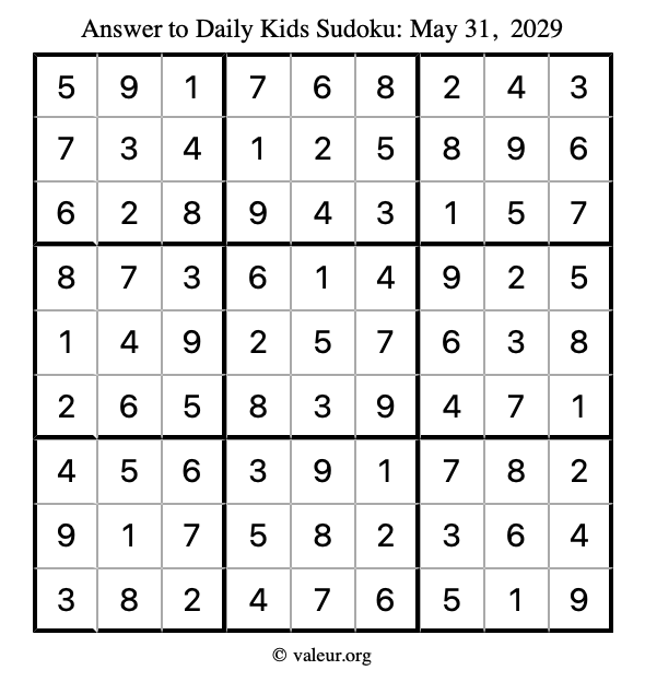 Answer to kids sudoku May 31, 2029