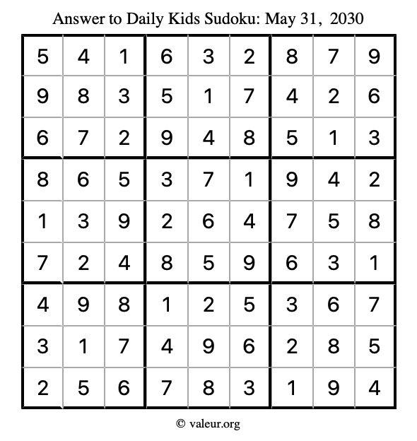 Answer to kids sudoku May 31, 2030
