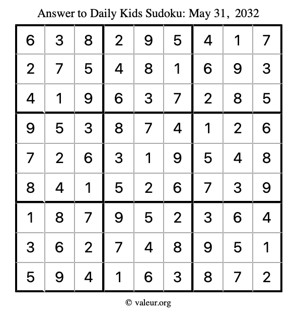 Answer to kids sudoku May 31, 2032