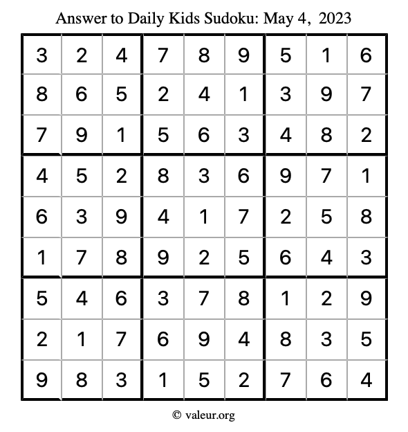 Answer to kids sudoku May 4, 2023