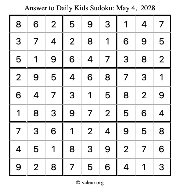Answer to kids sudoku May 4, 2028