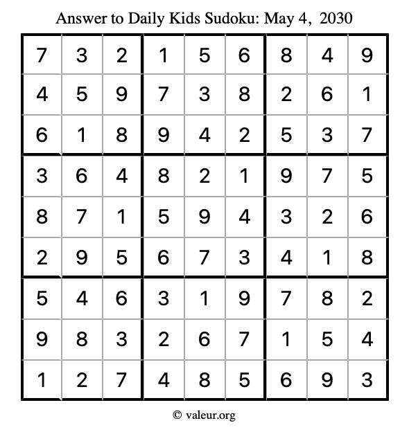 Answer to kids sudoku May 4, 2030