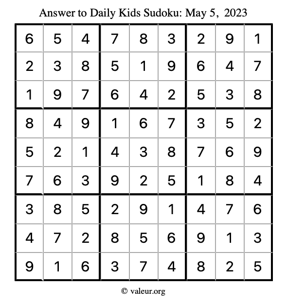 Answer to kids sudoku May 5, 2023