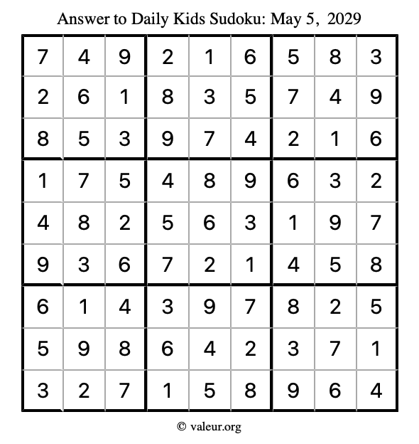 Answer to kids sudoku May 5, 2029