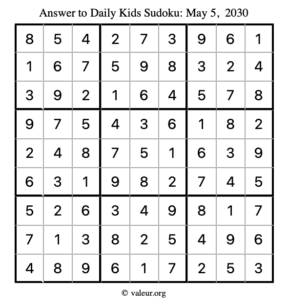 Answer to kids sudoku May 5, 2030