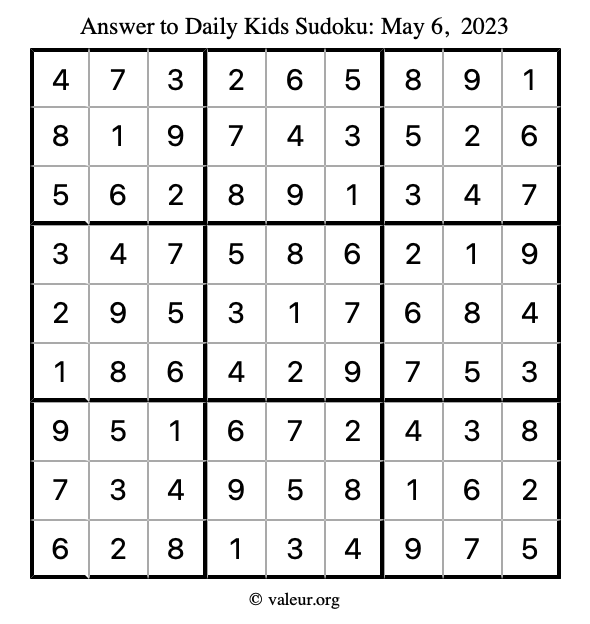 Answer to kids sudoku May 6, 2023