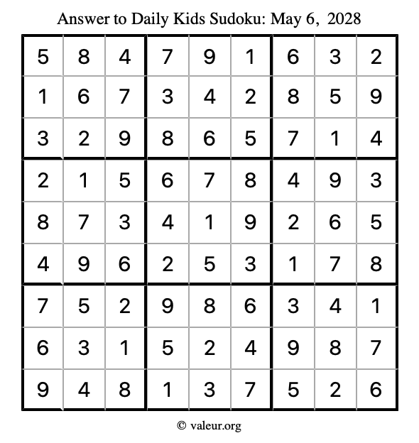 Answer to kids sudoku May 6, 2028