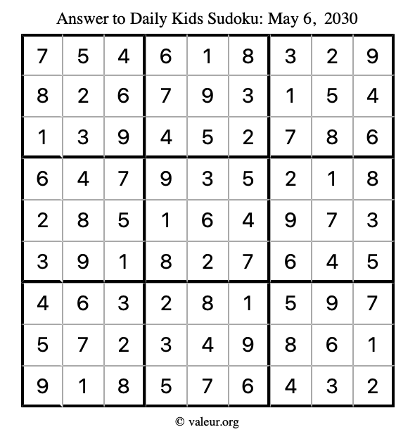 Answer to kids sudoku May 6, 2030
