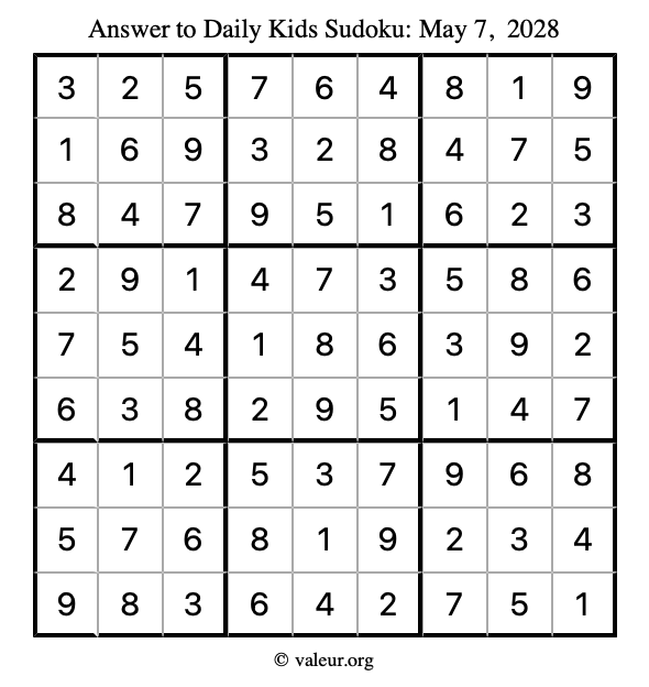 Answer to kids sudoku May 7, 2028
