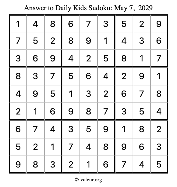 Answer to kids sudoku May 7, 2029