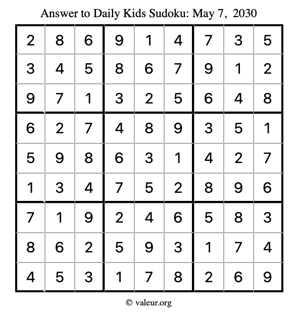 Answer to kids sudoku May 7, 2030