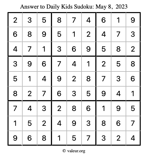 Answer to kids sudoku May 8, 2023
