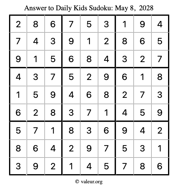 Answer to kids sudoku May 8, 2028