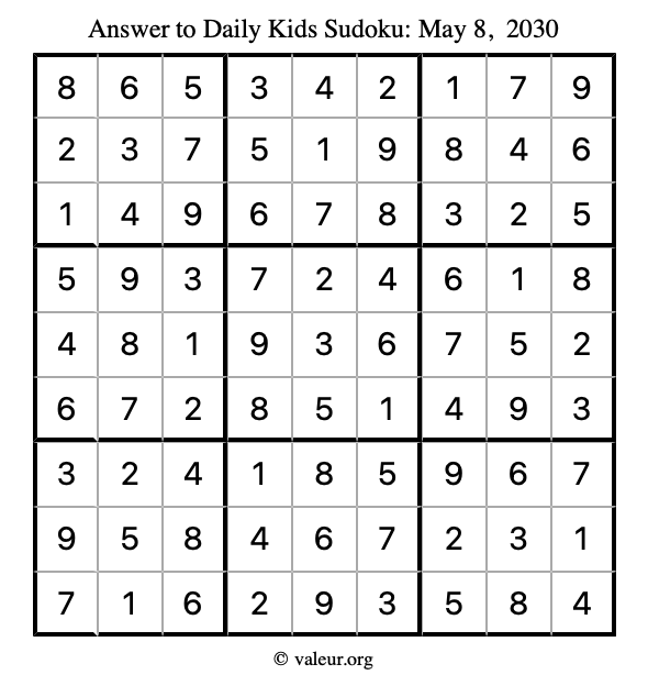 Answer to kids sudoku May 8, 2030
