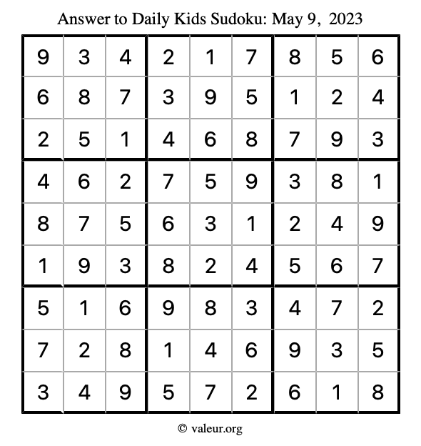 Answer to kids sudoku May 9, 2023