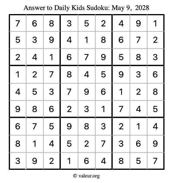 Answer to kids sudoku May 9, 2028