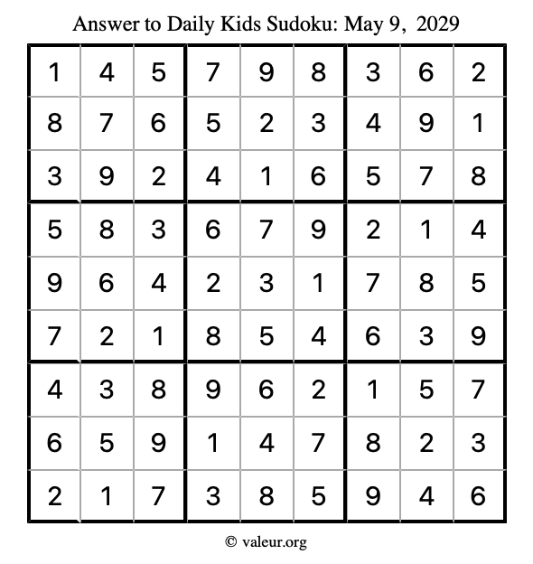Answer to kids sudoku May 9, 2029